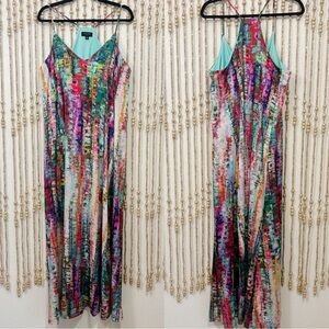Tahari ASL Stunning Silky Rainbow Racerback Flowy Boho Cocktail Maxi Dress LG